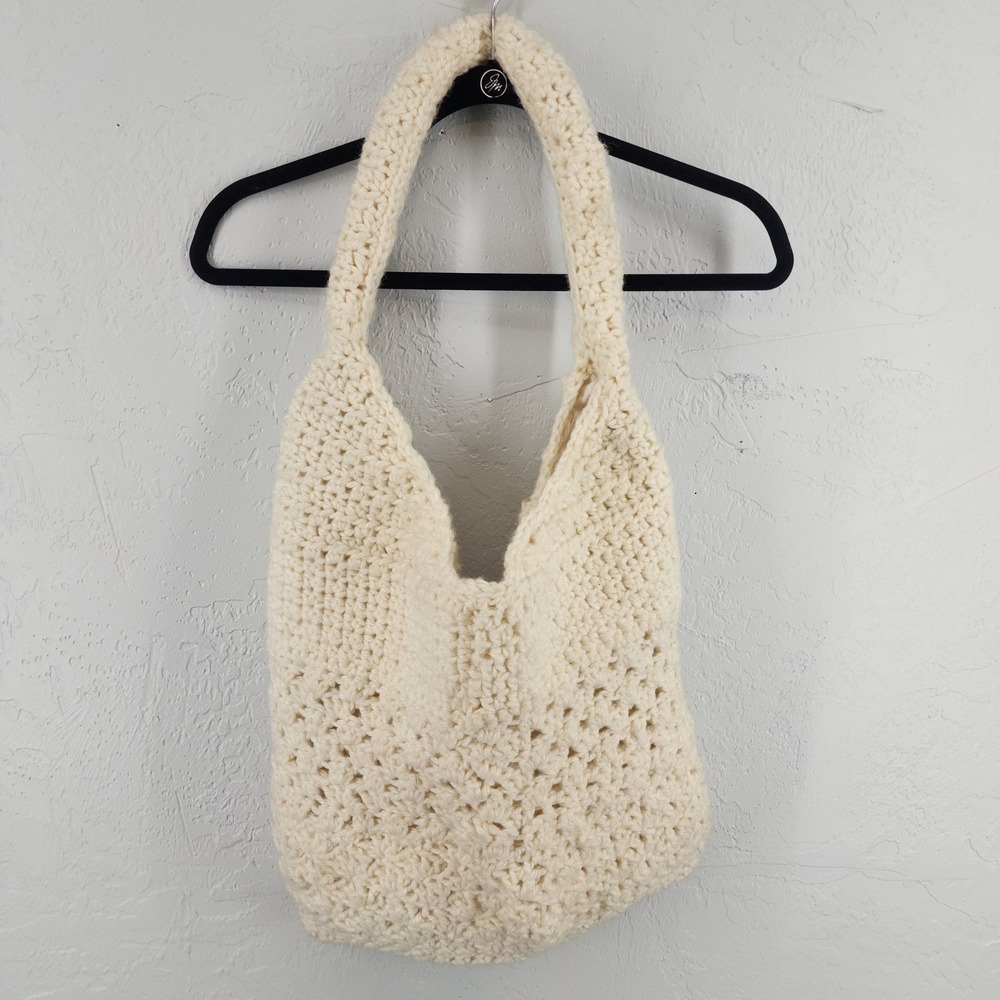 Handmade Cream Crochet Knit Boho Lined Tote Bag Shoulder Bag Womens OS